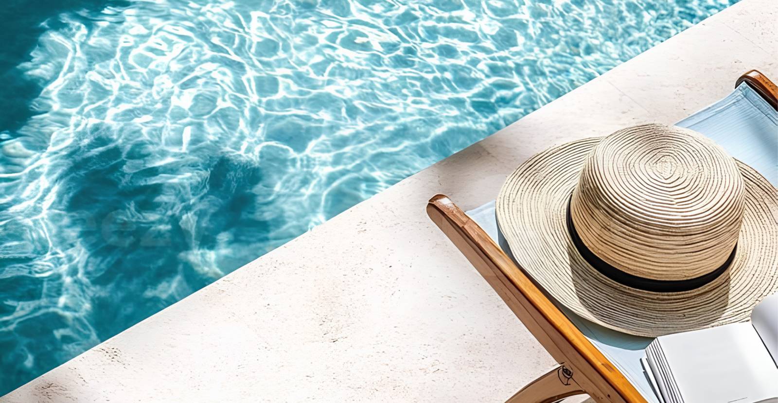 Chapéu de palha e livro numa espreguiçadeira à beira da piscina, num dia de verão