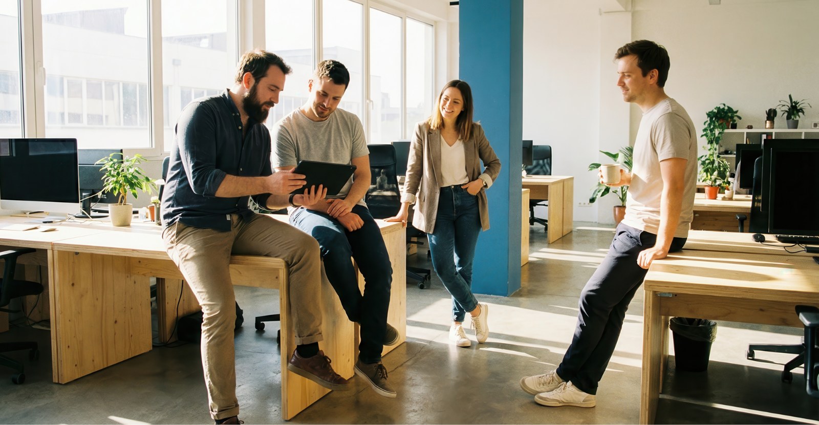 Equipa de consultores a conversar num escritório luminoso, a empreender no imobiliário com o apoio de colegas